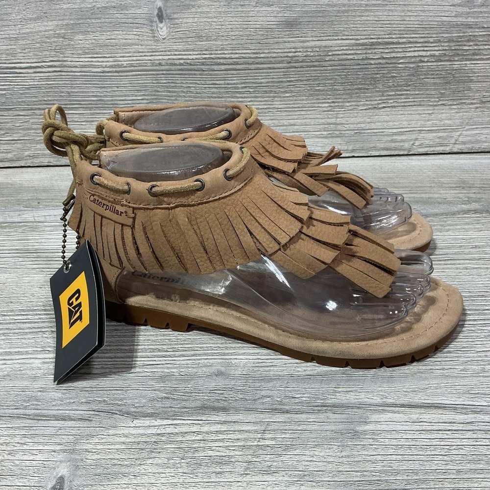 Caterpillar "Jazmyne" Boho Fringe Light Tan 100% Leather Thong Sandals Size 7 US